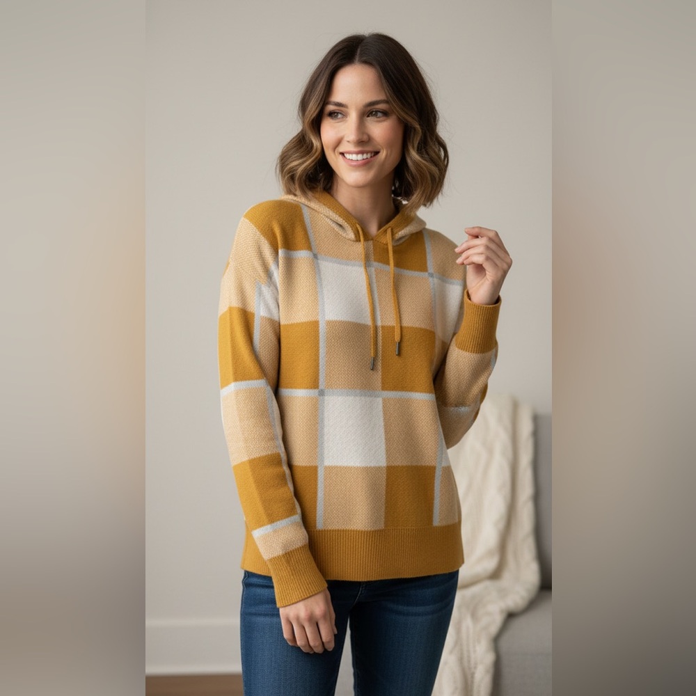 RACHEL Rachel Roy Mustard Yellow Plaid Hooded Knit Sweater‎ Size M Cottagecore